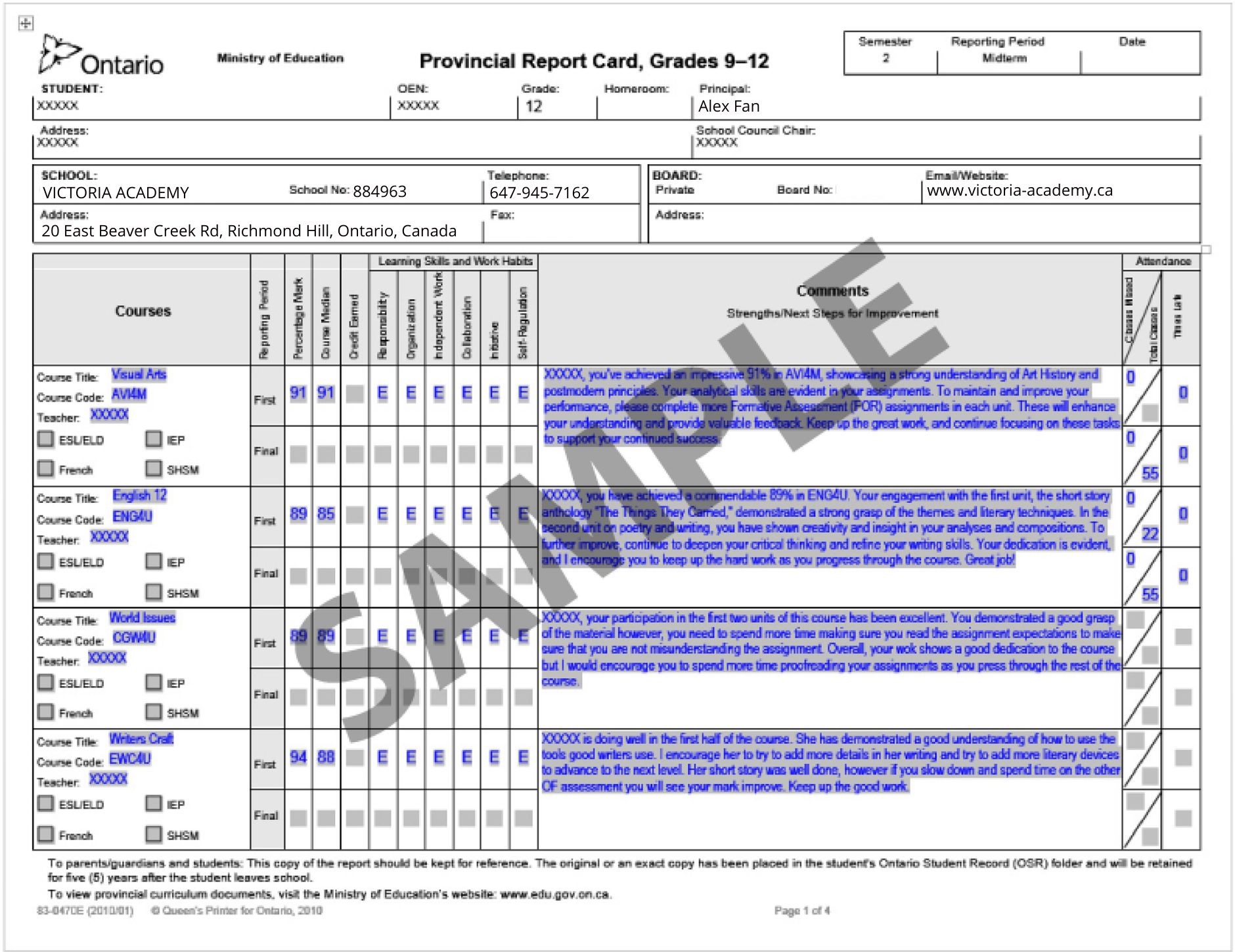 Provincial Report Card Sample