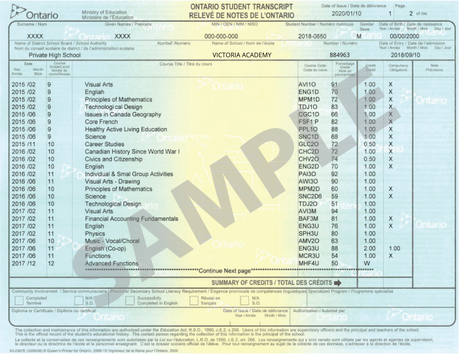 Ontario Student Transcript Sample